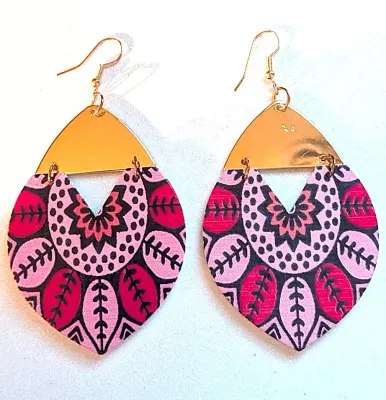 **NEW ARRIVAL** Fun Large WOODEN EARRINGS with Colorful OBLONG Shape with SEGMENTED Gold Top in Pink & Red with WIRE HOOK Clasp
