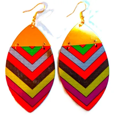**NEW ARRIVAL** Fun Large WOODEN EARRINGS with Colorful OBLONG Shape with SEGMENTED Gold Top in Green, Purple & Red with WIRE HOOK Clasp