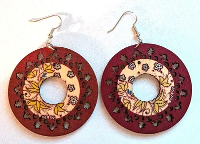 **NEW ARRIVAL** Fun Large WOODEN EARRINGS with Colorful CIRCLE Shape in Donut Style and Cut-Outs with WIRE HOOK Clasp