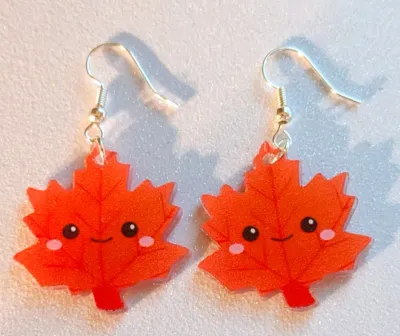 **NEW ARRIVAL** Fun Composite EARRINGS with Colorful "Happy Orange Leaf Face" with WIRE HOOK Clasp