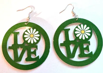 **NEW ARRIVAL** Fun Large WOODEN EARRINGS with Colorful "LOVE" CIRCLE Shape and White Daisy Flower with WIRE HOOK Clasp