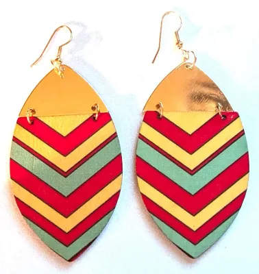 **NEW ARRIVAL** Fun Large WOODEN EARRINGS with Colorful OBLONG Shape with SEGMENTED Gold Top in Red, Green & Yellow with WIRE HOOK Clasp