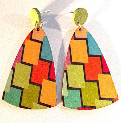 **NEW ARRIVAL** Fun Large WOODEN EARRINGS with Colorful Round Bottom OBLONG Shape in Red, Green, Amber & Blue with Stud Post &...