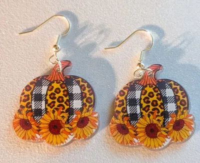 **NEW ARRIVAL** Fun Composite EARRINGS with Colorful "Pumpkin with Sunflowers" with WIRE HOOK Clasp