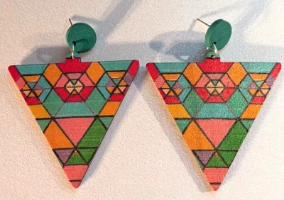 **NEW ARRIVAL** Fun Large WOODEN EARRINGS with Colorful TRIANGLE Shape with Stud Post & Plastic Stopper Clasp