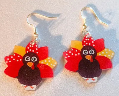 **NEW ARRIVAL** Fun Composite EARRINGS with Colorful "Turkey and Red & Yellow Feathers" with WIRE HOOK Clasp