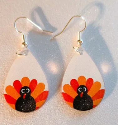 **NEW ARRIVAL** Fun Composite EARRINGS with Colorful Teardrop "Turkey and Red & Orange Feathers" with WIRE HOOK Clasp