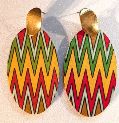 **NEW ARRIVAL** Fun Large WOODEN EARRINGS with Colorful TRIANGLE Shape with Stud Post & Plastic Stopper Clasp