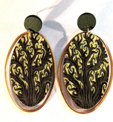 **NEW ARRIVAL** Fun Large WOODEN EARRINGS with Colorful OVAL GREEN & Squiggles with Stud Post & Plastic Stopper Clasp