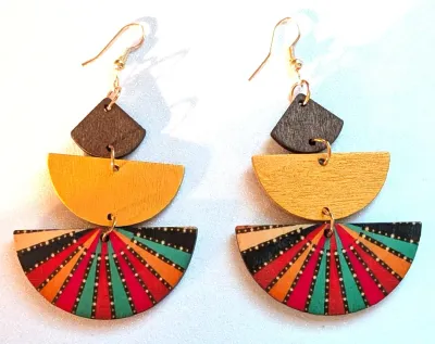 **NEW ARRIVAL** Fun Large WOODEN EARRINGS with Colorful 3 PIECES on RINGS with Half Circles + WIRE HOOK Clasp