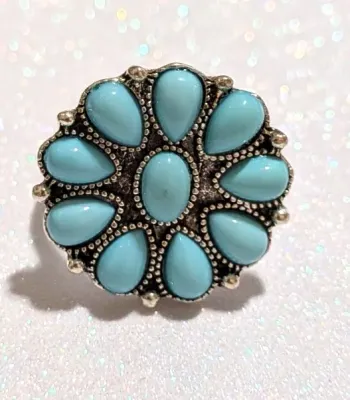 **NEW ARRIVAL** Size 6 BLUE TEARDROP TURQUOISE STYLE STONES CIRCLE RING with 10 Smooth Stones on Silver/Black Setting on a Silver Tone...