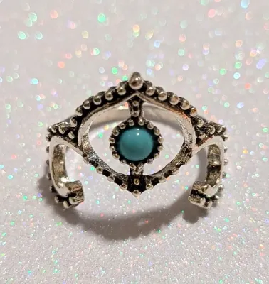 **NEW ARRIVAL** Size 7½ Small BLUE ROUND Half-Globe TURQUOISE STYLE RING with Double "Large "Hooks" Style Band on a Silver...