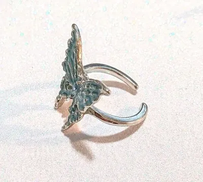 **NEW ARRIVAL** Size 5 Enameled BLUE BUTTERFLY RING with Single Marquise-Cut Stone Center on a Silver Tone Setting and OPEN SPLIT Band...