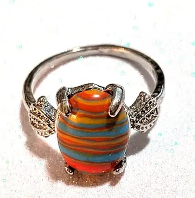 **NEW ARRIVAL** Size 9½ ORANGE, BLUE & YELLOW "Striped" Oval Cabochon 4-Prong Stone RING1 with a "3 DOTS" Band in...