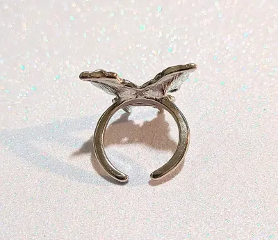 **NEW ARRIVAL** Size 5 Enameled BLUE BUTTERFLY RING with Single Marquise-Cut Stone Center on a Silver Tone Setting and OPEN SPLIT Band...