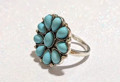 **NEW ARRIVAL** Size 6 BLUE TEARDROP TURQUOISE STYLE STONES CIRCLE RING with 10 Smooth Stones on Silver/Black Setting on a Silver Tone...