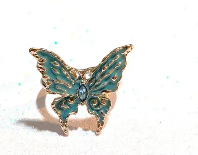 **NEW ARRIVAL** Size 5 Enameled BLUE BUTTERFLY RING with Single Marquise-Cut Stone Center on a Silver Tone Setting and OPEN SPLIT Band...