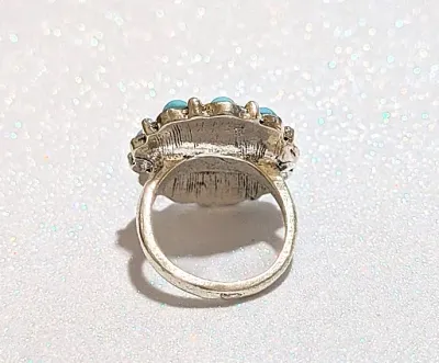 **NEW ARRIVAL** Size 6 BLUE TEARDROP TURQUOISE STYLE STONES CIRCLE RING with 10 Smooth Stones on Silver/Black Setting on a Silver Tone...