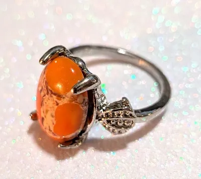 **NEW ARRIVAL** Size 5¼ ORANGE & BEIGE "Mottled" Oval Cabochon 4-Prong Stone RING1 with a "3 DOTS" Band in a...