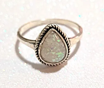 **NEW ARRIVAL** Size 8½ WHITE IRIDESCENT TEARDROP STYLE RING with "Curled Rope" Surround on a Silver Tone Setting (1.8g)