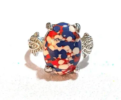 **NEW ARRIVAL** Size 5½ RED, WHITE & BLUE "Mottled" Oval Cabochon 4-Prong Stone RING1 with a "3 DOTS" Band in a...