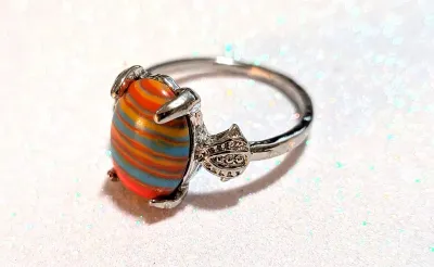 **NEW ARRIVAL** Size 9½ ORANGE, BLUE & YELLOW "Striped" Oval Cabochon 4-Prong Stone RING1 with a "3 DOTS" Band in...