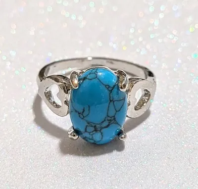 **NEW ARRIVAL** Size 10 BLUE "Crackled" Oval Cabochon 4-Prong Stone RING with a "BIG HEARTS" Band in a Silver Tone...