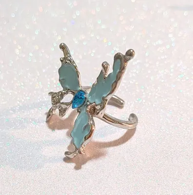 **NEW ARRIVAL** Size 6 Irregular Shape Enameled BLUE BUTTERFLY RING with Single Blue TEARDROP Stone Center on a Silver Tone Setting and...