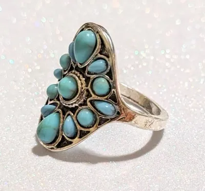 **NEW ARRIVAL** Size 8¼ BLUE TEARDROP & ROUND TURQUOISE STYLE STONES OBLONG RING with 13 Smooth Stones on Silver/Black Setting on a...