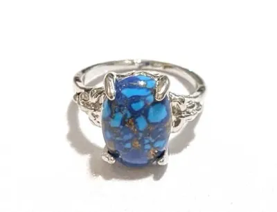 **NEW ARRIVAL** Size 7¼ Light & Dark BLUES OVAL CABOCHON "Mottled" STONE 4-Prong RING with "Triangle Branch"...