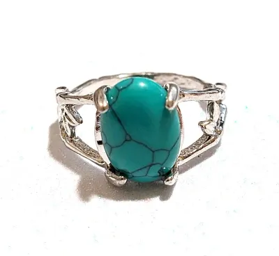**NEW ARRIVAL** Size 10¼ AQUAMARINE "Crackled" Oval Cabochon 4-Prong Stone RING with a "2 PETALS" Band in a Silver...