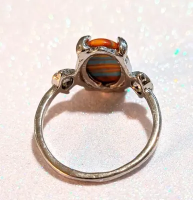 **NEW ARRIVAL** Size 9½ ORANGE, BLUE & YELLOW "Striped" Oval Cabochon 4-Prong Stone RING1 with a "3 DOTS" Band in...
