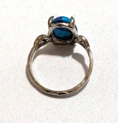 **NEW ARRIVAL** Size 9¾ BLUE & RUST "MOTTLED" Oval Cabochon 4-Prong Stone RING with a "PUFFY HEARTS" Band in a...