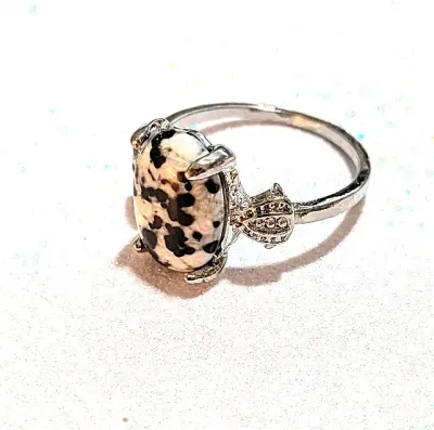 **NEW ARRIVAL** Size 10 BLACK & WHITE "Mottled" Oval Cabochon 4-Prong Stone RING3 with a "3 DOTS" Band in a...