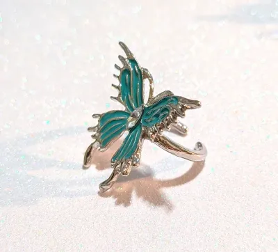 **NEW ARRIVAL** Size 6½ Enameled BLUE BUTTERFLY RING with Single CLEAR Marquise-Cut Stone Center on a Silver Tone Setting and OPEN SPLIT...