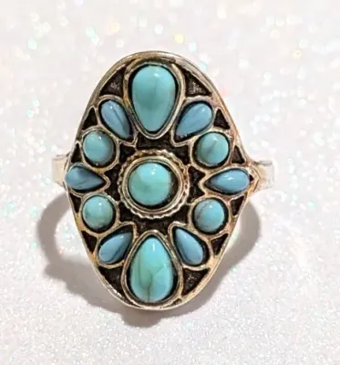 **NEW ARRIVAL** Size 8¼ BLUE TEARDROP & ROUND TURQUOISE STYLE STONES OBLONG RING with 13 Smooth Stones on Silver/Black Setting on a...