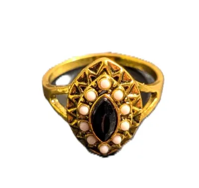 **NEW ARRIVAL** Size 10¾ WHITE "GLOBE BEADS" RING on an Oval Gold Colored Setting and Black Marquise-Cut CENTER Stone on a Gold...