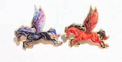 ***NEW ARRIVAL*** Collection of 2 PINS--"PEGASUS" Horse (1¼") in Fiery Red & Blue/Purple on a Gold Tone Setting