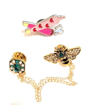 ***NEW ARRIVAL*** Collection of 2 PINS--Ice Cream Cones & Bee with Chain with Both Silver and Gold Tone Settings