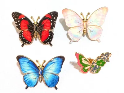 ***NEW ARRIVAL*** Collection of 4 PINS--"Assortment of BUTTERFLIES" (1½") with Red/Black/Blue Colors" etc. on a Gold...
