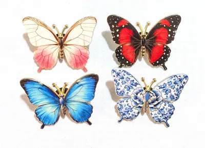 ***NEW ARRIVAL*** Collection of 4 PINS--"Assortment of BUTTERFLIES" (1½") with PINK/WHITE Colors" etc. on a Gold Tone...