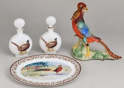 1969 "PHEASANT" CERAMIC DECANTER, PHEASANT MILK GLASS DECANTERS, AND PHEASANT DECORATIVE PLATE