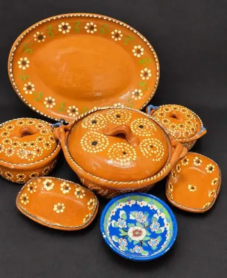 MEXICAN CLAY DISHES AND A TURKISH CERAMIC BOWL
