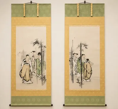 "SEVEN SAGES OF THE BAMBOO GROVE" PAIR OF ORIGINAL HANGING SCROLLS