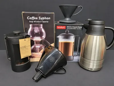 NEW 12-CUP FRENCH PRESS, COFFEE SYPHON AND MORE