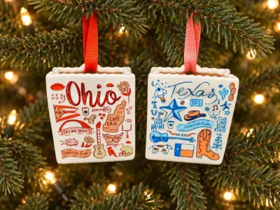 STARBUCKS "BEEN THERE SERIES" OHIO AND TEXAS CERAMIC GIFT BAG ORNAMENTS 