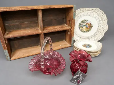 FENTON GLASS PIECES AND VINTAGE GOODIES