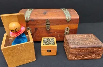 WOODEN JEWELRY BOXES AND VINTAGE TOY 