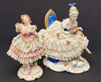 TWO DRESDEN UNTERWEISSBACH LACE AND PORCELAIN FIGURINES 