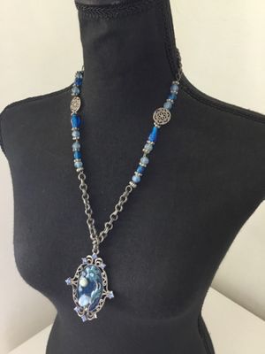 Cool unique pewter enamel statement, necklace, blue glass beads